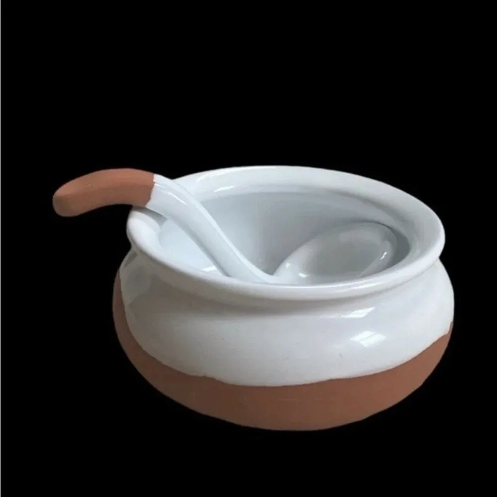 Terra Cotta Salsa Bowls with Spoon ladle White Brown Made in Portugal New No Box